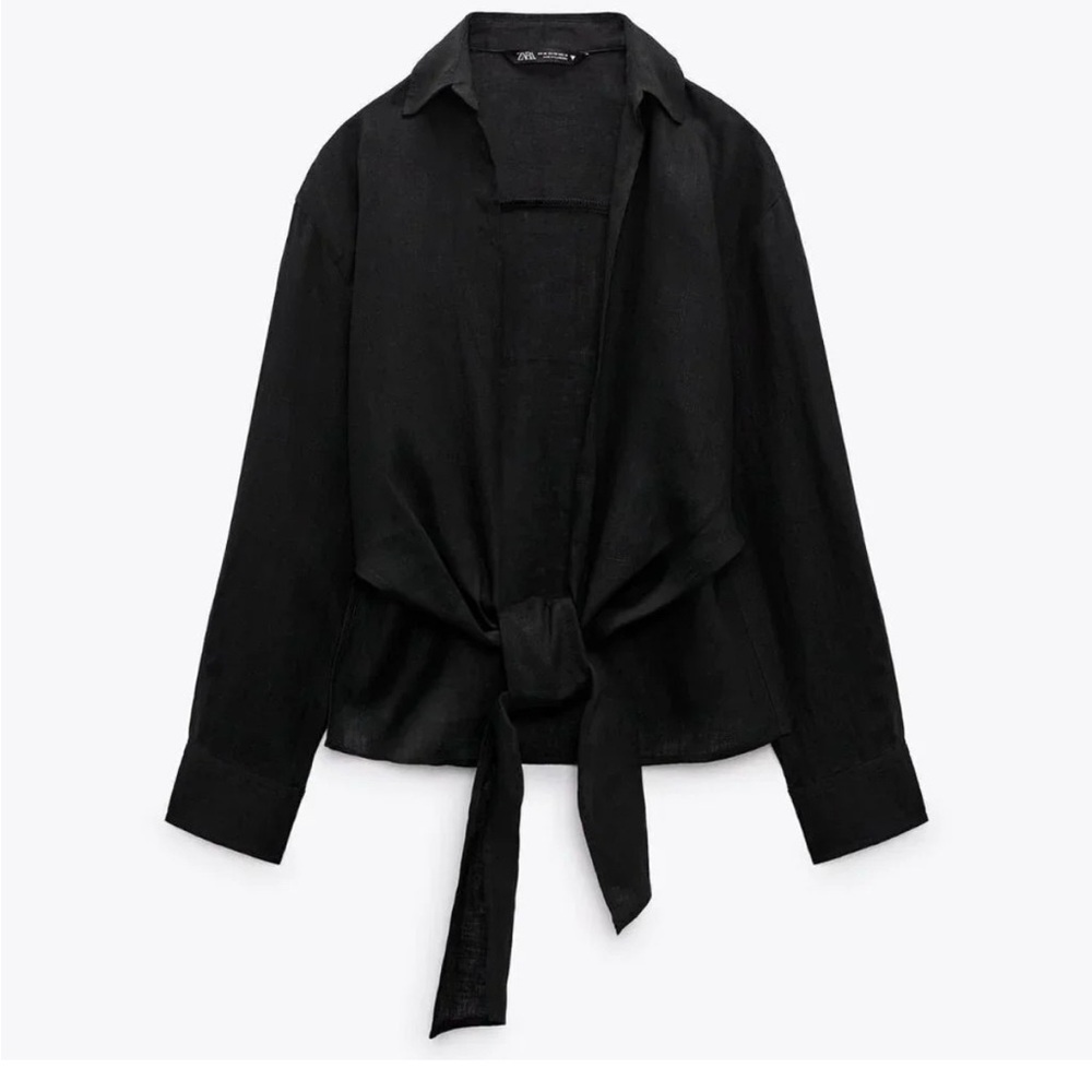 ZARA Linen Black Tie-Front Shirt-Small